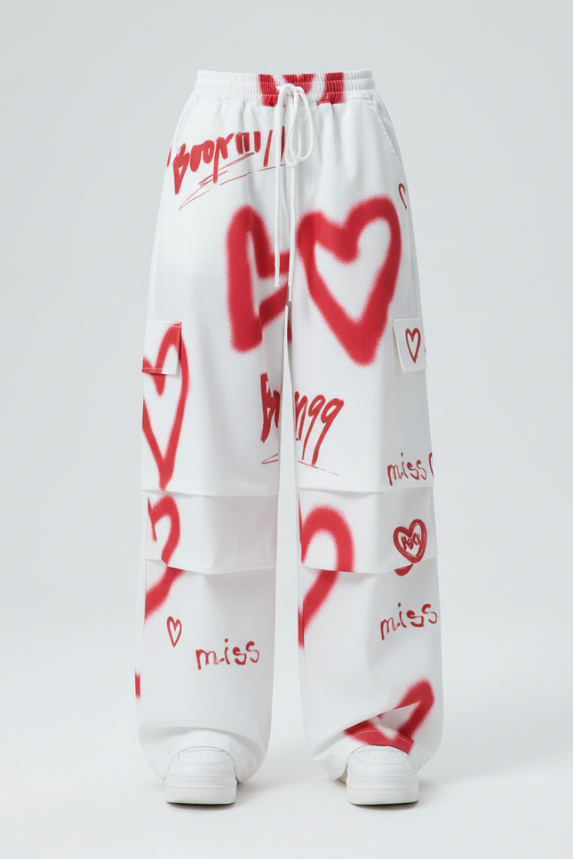 Pantalon Blanc Cargo Ample Fille Graffiti Cœurs - Toile - vue 2