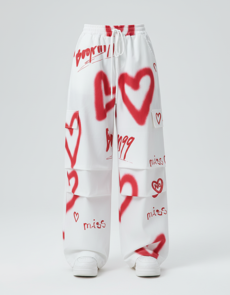 Pantalon Blanc Cargo Ample Fille Graffiti Cœurs - Toile - vue 2
