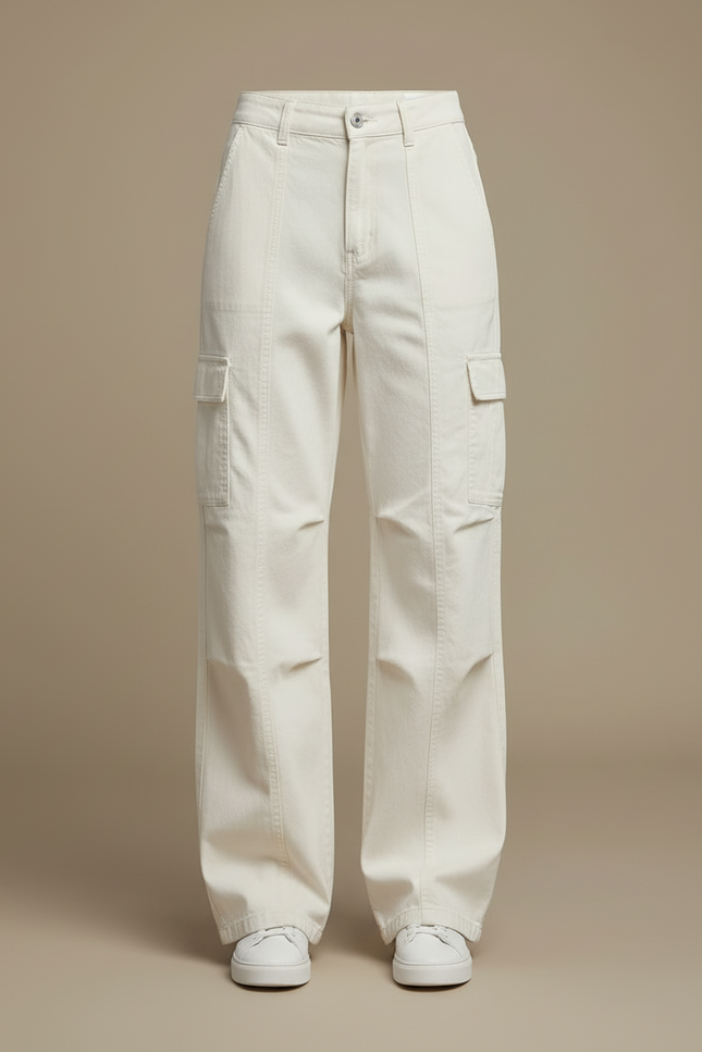 Pantalon Blanc Cargo Ample Femme Décontracté - Toile - vue 3