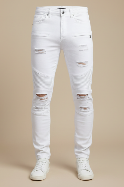 Pantalon Blanc Homme Slim Effiloché Motard Décontracté - Jean - vue 3