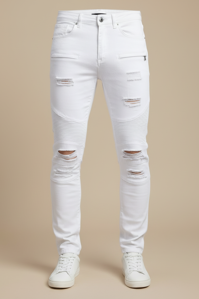 Pantalon Blanc Homme Slim Effiloché Motard Décontracté - Jean - vue 3