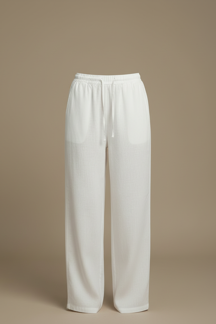 Pantalon Blanc Lin Fluide Ample Cordon Décontracté - vue 3