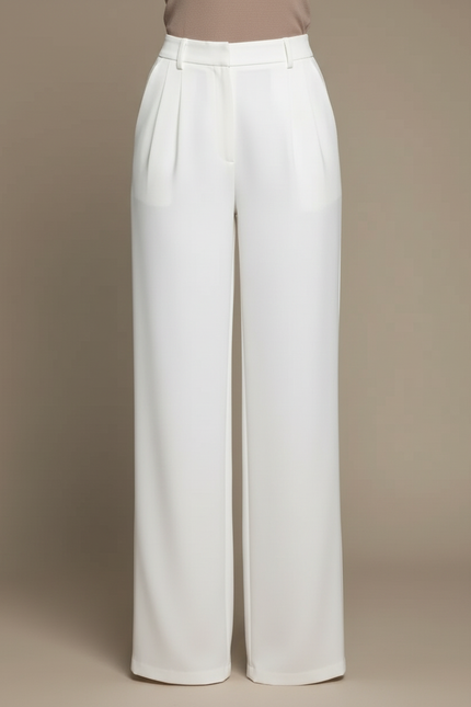 Pantalon Blanc Évasé Plissé Taille Haute Élégant - Polyester - vue 3