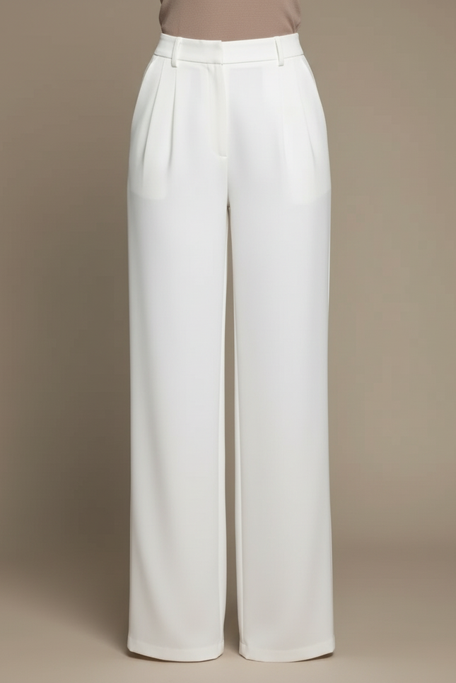 Pantalon Blanc Évasé Plissé Taille Haute Élégant - Polyester - vue 3
