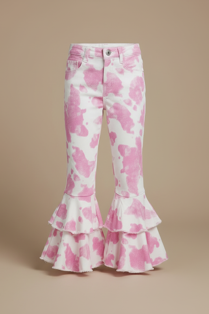 Pantalon Blanc Volants Rose Imprimé Évasé Fille - Jean - vue 3