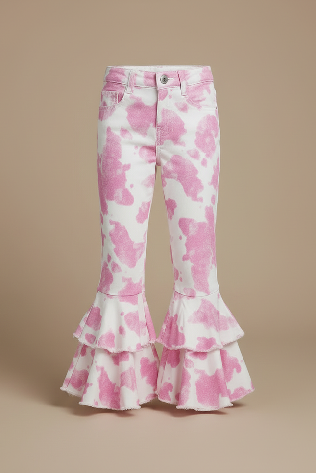 Pantalon Blanc Volants Rose Imprimé Évasé Fille - Jean - vue 3