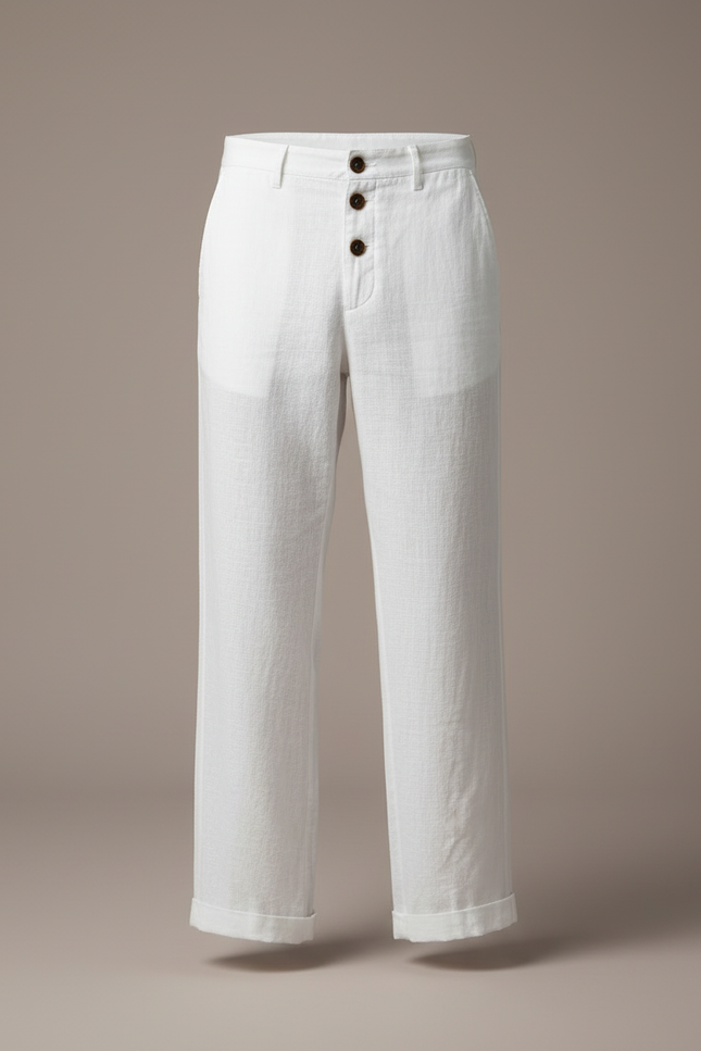 Pantalon Blanc Homme Lin Jambe Large Boutons - vue 3
