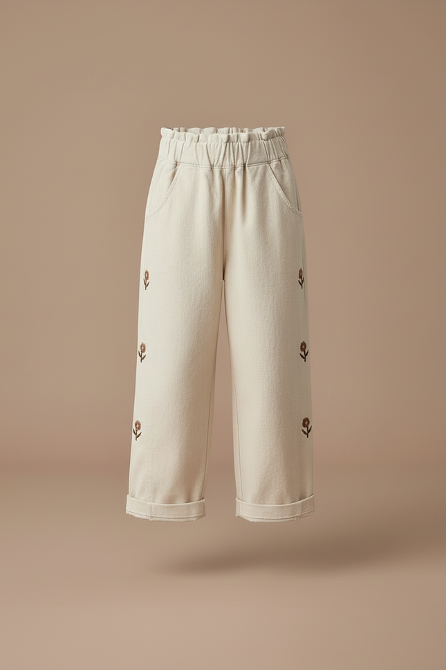 Pantalon Blanc Brodé Fleur Ample Coton Enfant - Beige - vue 3