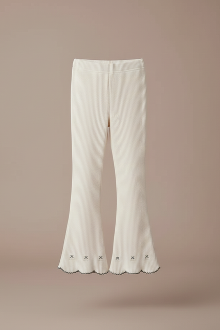 Pantalon Blanc Côtelé Tricoté Enfant Évasé Brodé - Maille - vue 3