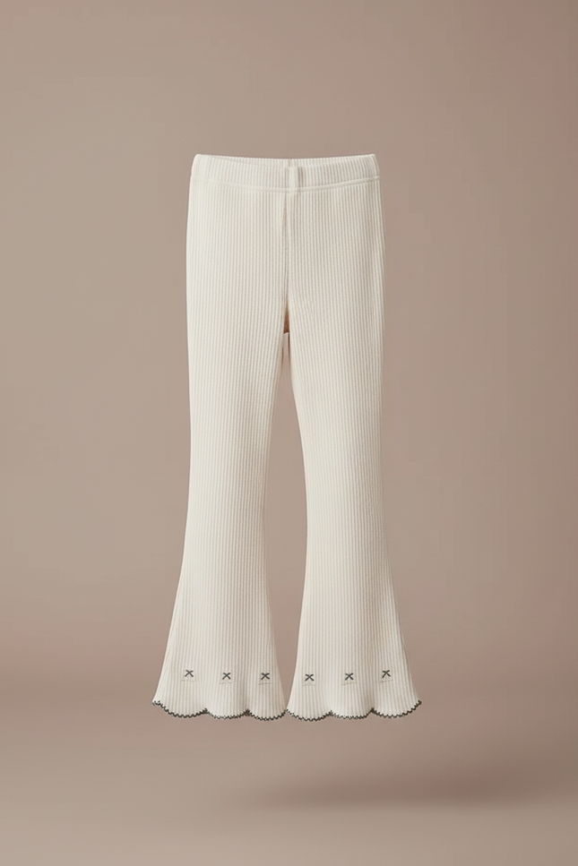 Pantalon Blanc Côtelé Tricoté Enfant Évasé Brodé - Maille - vue 3