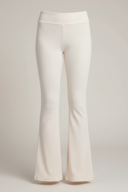 Pantalon Blanc Côtelé Évasé Taille Haute Fille - Beige Maille - vue 3