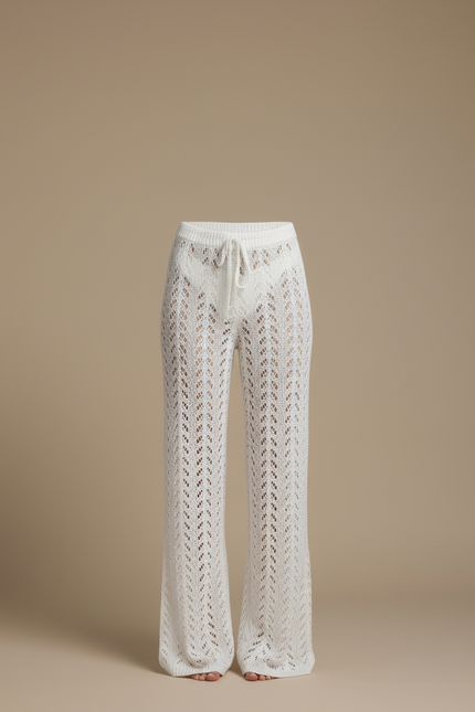 Pantalon Blanc Crochet Évasé Taille Haute Estival - Maille - vue 3