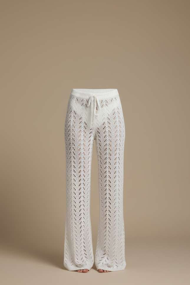 Pantalon Blanc Crochet Évasé Taille Haute Estival - Maille - vue 3