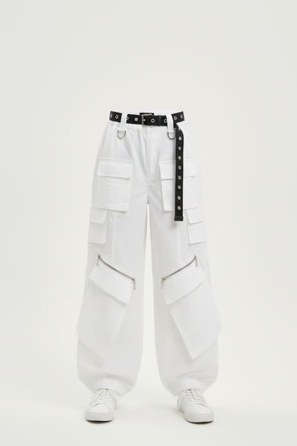Pantalon Blanc Cargo Ample Poches Zippées Fille - Toile - vue 3