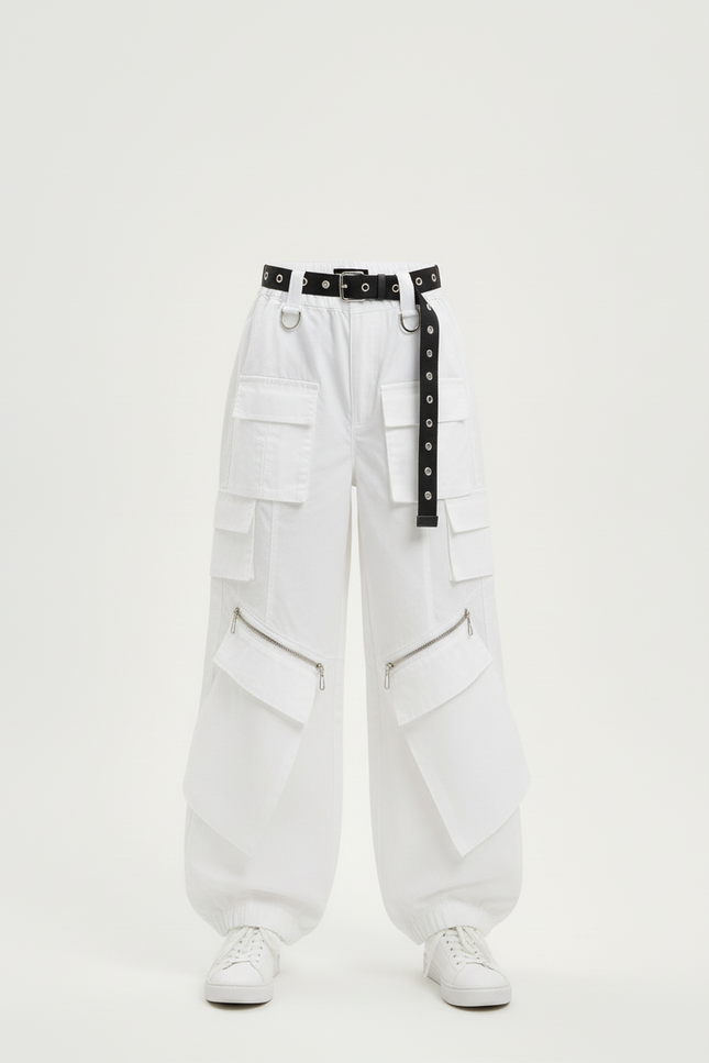 Pantalon Blanc Cargo Ample Poches Zippées Fille - Toile - vue 3