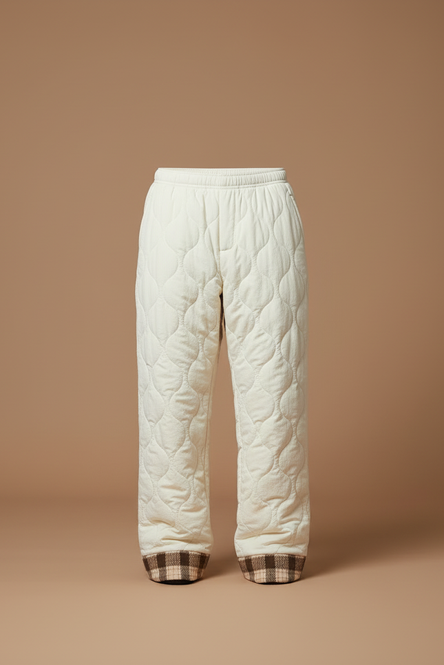 Pantalon Blanc Matelassé Ample Plaid Décontracté Hiver - Beige Polyester - vue 3
