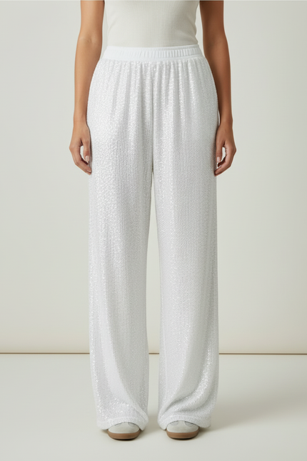 Pantalon Blanc Pailleté Fluide Élégant Décontracté - Maille - vue 3