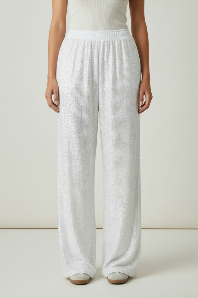 Pantalon Blanc Pailleté Fluide Élégant Décontracté - Maille - vue 3