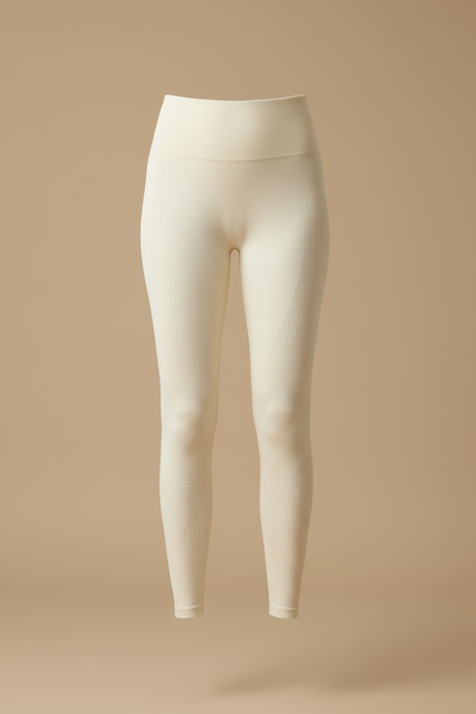 Pantalon Blanc Crème Côtelé Taille Haute Moulant Femme - Beige Maille - vue 3