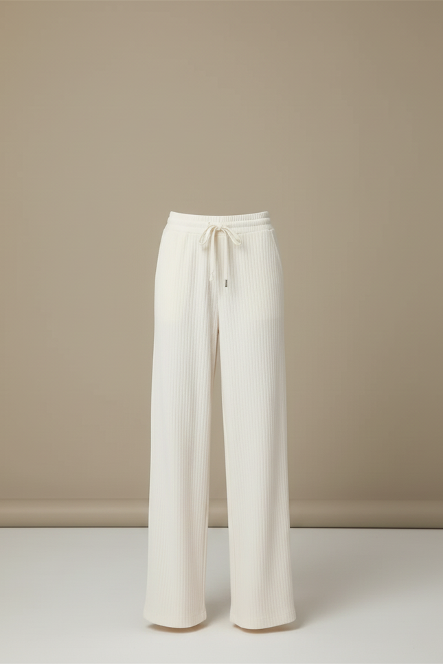 Pantalon Blanc Côtelé Droit Fluide Décontracté Femme - Maille - vue 3