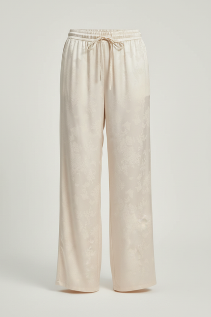 Pantalon Blanc Fluide Satiné Imprimé Ample Décontracté - Beige - vue 3