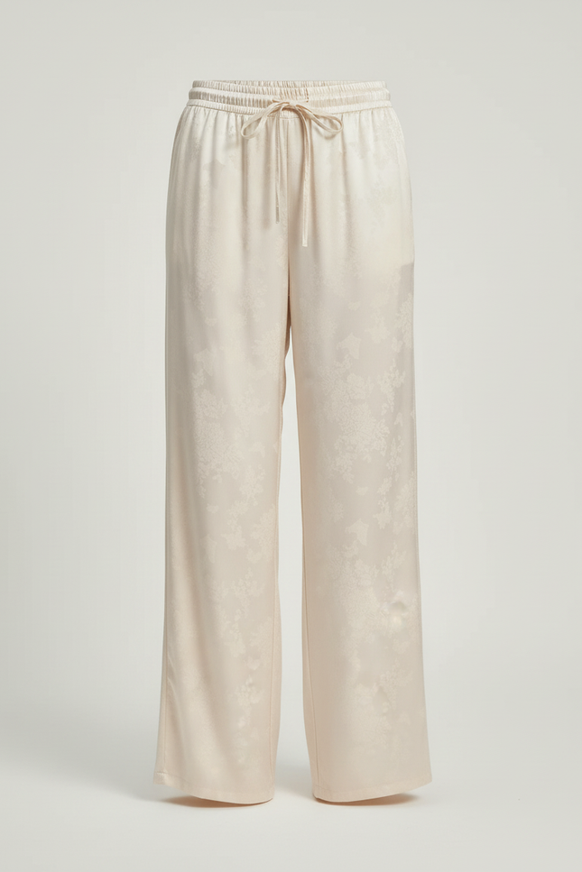 Pantalon Blanc Fluide Satiné Imprimé Ample Décontracté - Beige - vue 3