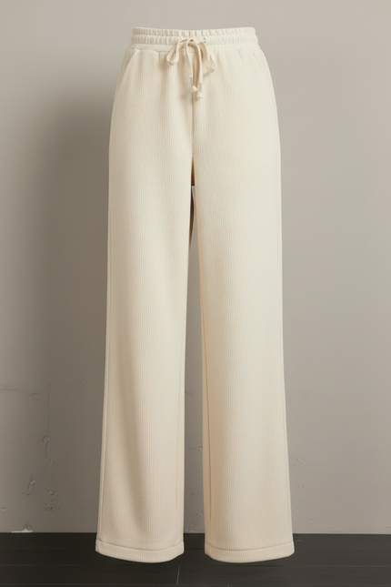 Pantalon Blanc Côtelé Ample Taille Haute Cordon - Beige Cordé - vue 3