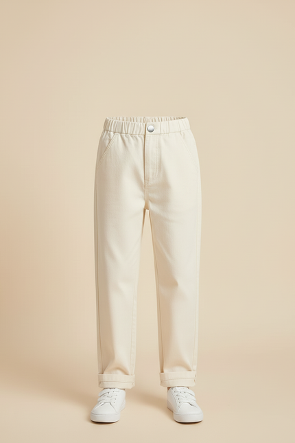 Pantalon Blanc Enfant Coton Droit Décontracté Unisexe - Beige - vue 3