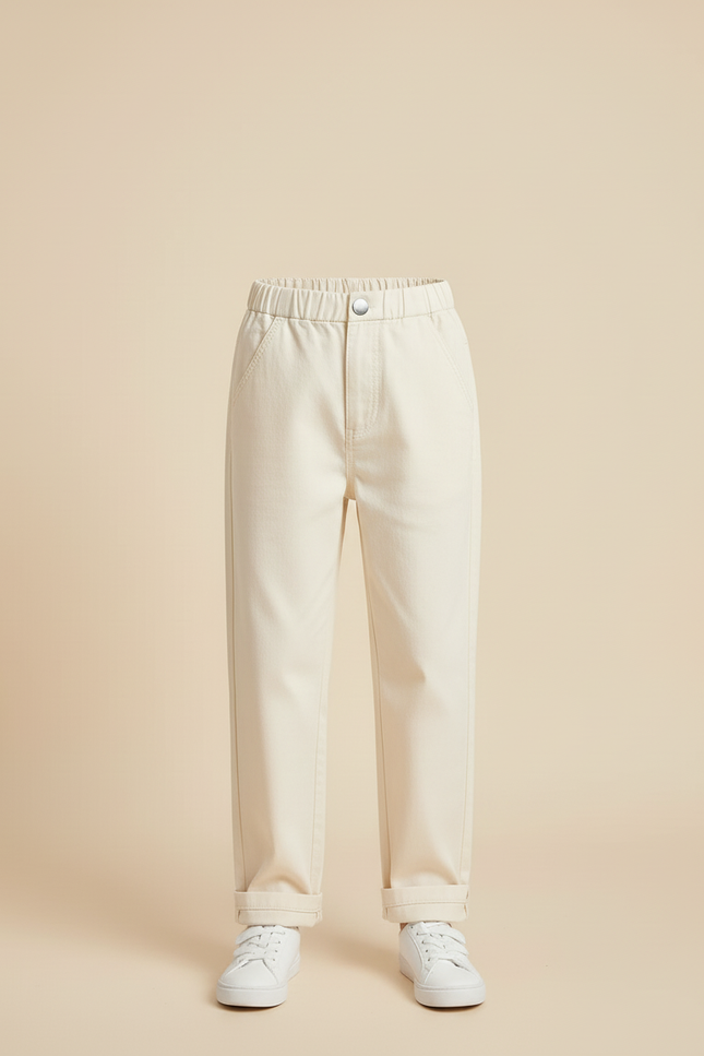 Pantalon Blanc Enfant Coton Droit Décontracté Unisexe - Beige - vue 3