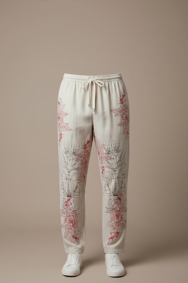 Pantalon Blanc Imprimé Floral Ample Décontracté Homme - Coton - vue 3