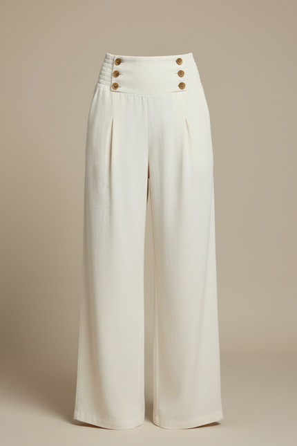 Pantalon Blanc Fluide Ample Taille Haute Boutons - Lin - vue 3