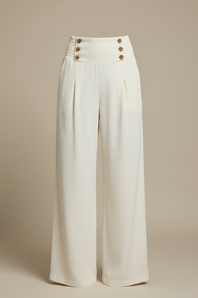 Pantalon Blanc Fluide Ample Taille Haute Boutons - Lin - vue 3
