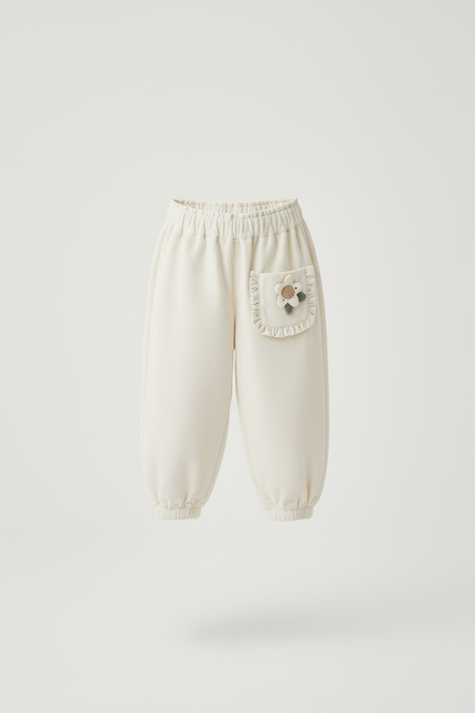 Pantalon Blanc Côtelé Ample Élastique Fleur Enfant - Beige Cordé - vue 3
