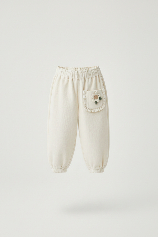 Pantalon Blanc Côtelé Ample Élastique Fleur Enfant - Beige Cordé - vue 3