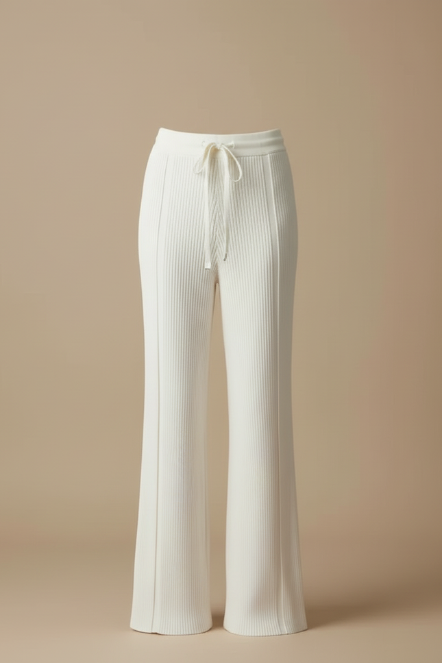 Pantalon Blanc Tricoté Côtelé Fluide Confortable Femme - Maille - vue 3