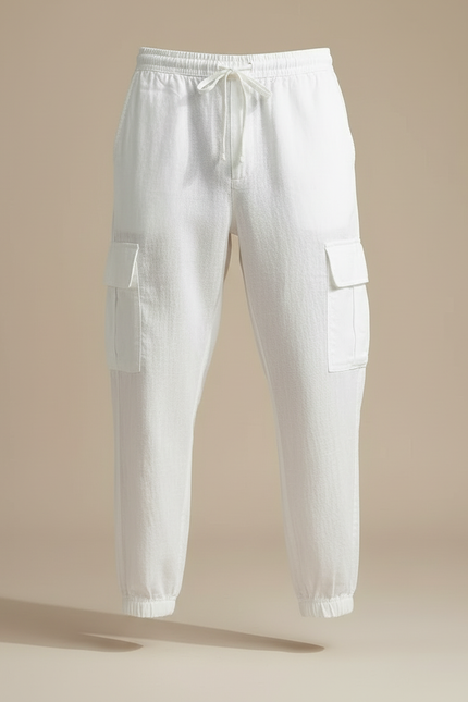 Pantalon Blanc Cargo Lin Cordon Décontracté Homme - vue 3