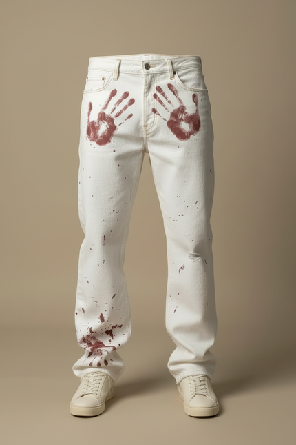 Pantalon Blanc Baggy Imprimé Sang Horreur Hip Hop - Jean - vue 3