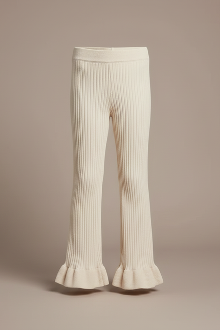 Pantalon Blanc Côtelé Évasé Enfant Tricoté Confortable - Beige Maille - vue 3