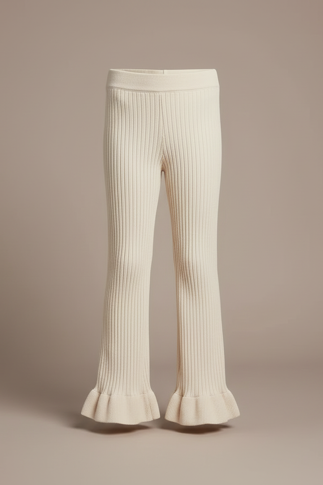 Pantalon Blanc Côtelé Évasé Enfant Tricoté Confortable - Beige Maille - vue 3