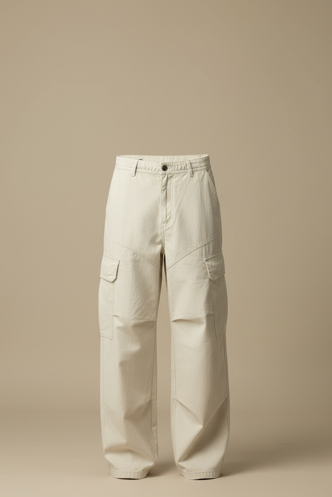 Pantalon Blanc Cargo Ample Streetwear Homme - Beige Toile - vue 3