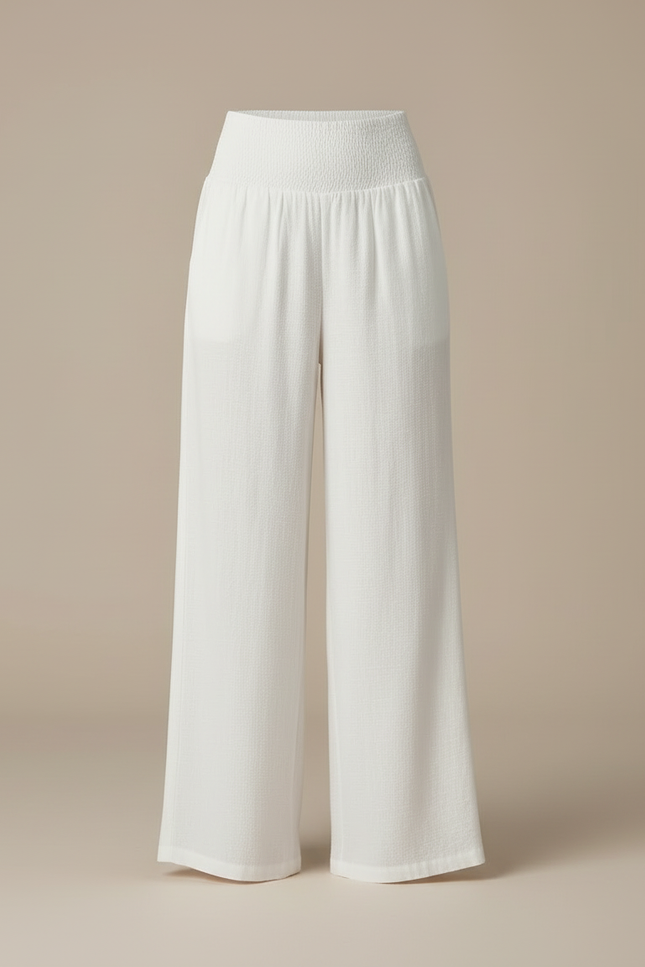 Pantalon Blanc Fluide Taille Haute Smocké Ample - Lin - vue 3