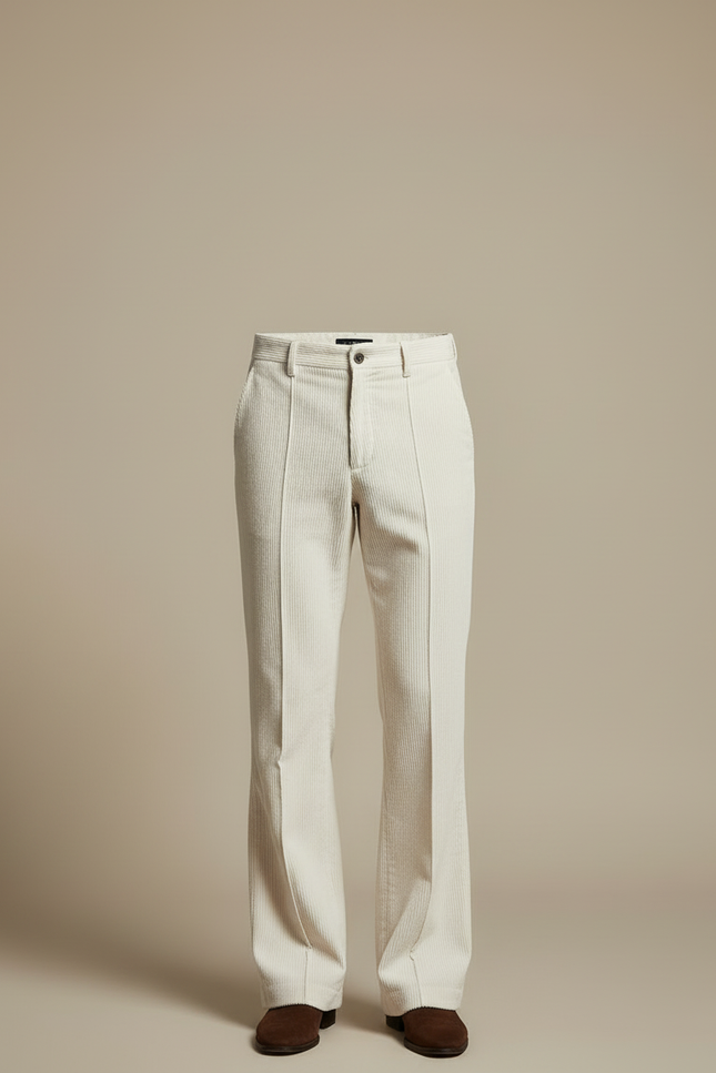 Pantalon Blanc Côtelé Évasé Vintage Homme Élégant - Beige Cordé - vue 3