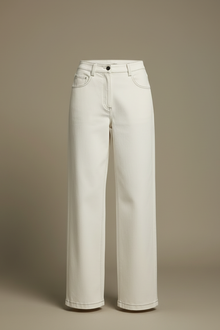 Pantalon Blanc Droit Coton Taille Haute Élégant - Jean - vue 3