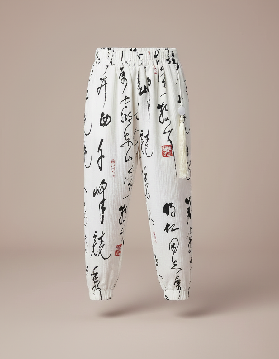 Pantalon Blanc Coton Ample Imprimé Calligraphie Enfant - vue 2