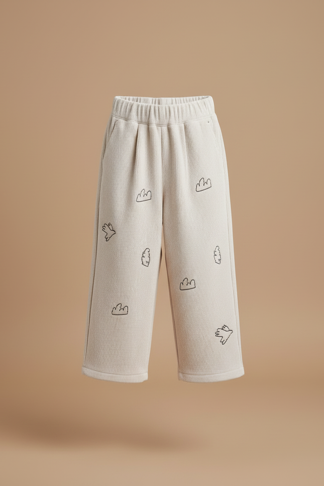 Pantalon Blanc Côtelé Ample Brodé Décontracté Enfant - Beige Cordé - vue 3