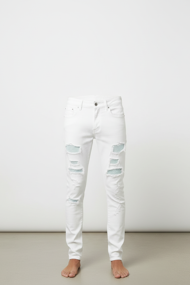 Pantalon Blanc Homme Slim Détruit Patché Décontracté - Jean - vue 3