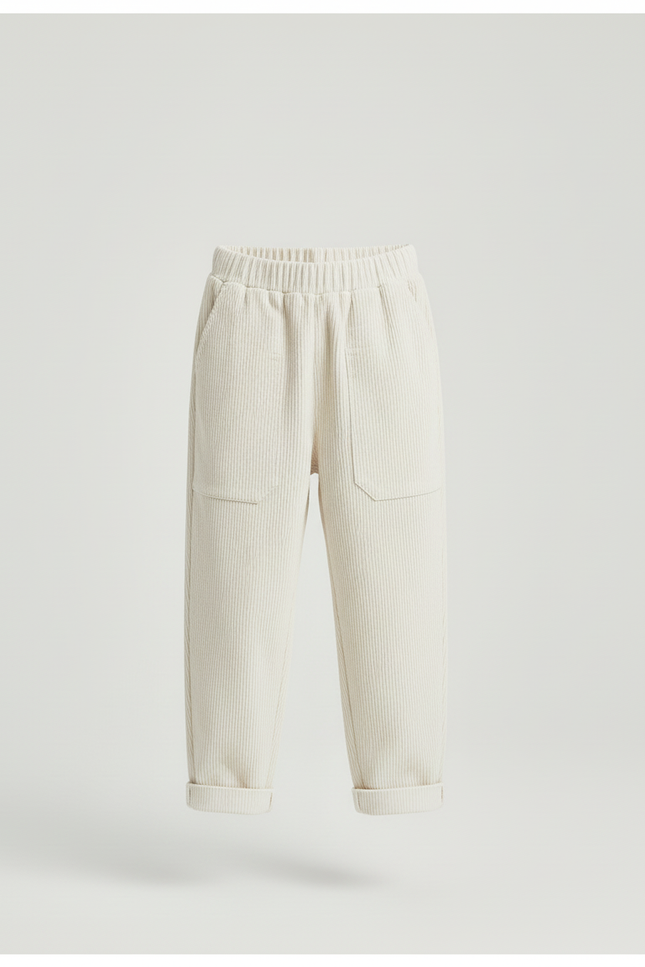 Pantalon Blanc Côtelé Ample Décontracté Poches Enfant - Beige Cordé - vue 3