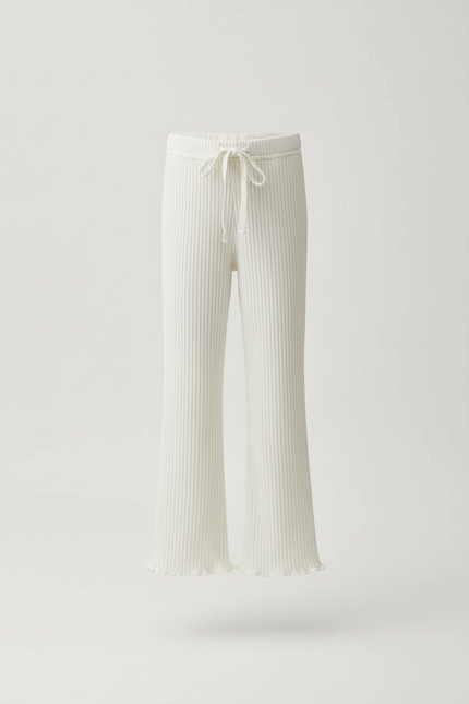 Pantalon Blanc Côtelé Évasé Volants Coton Confortable - Maille - vue 3