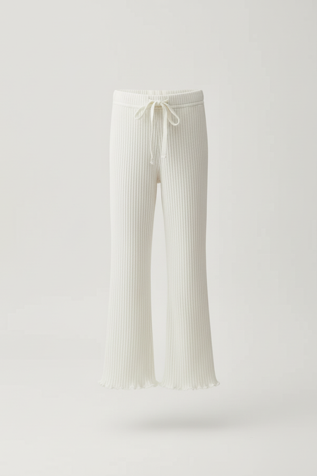 Pantalon Blanc Côtelé Évasé Volants Coton Confortable - Maille - vue 3