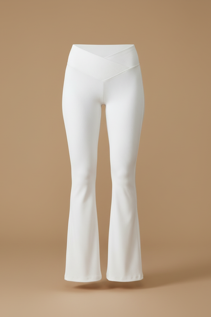 Pantalon Blanc Évasé Côtelé Taille Croisée Femme - Maille - vue 3